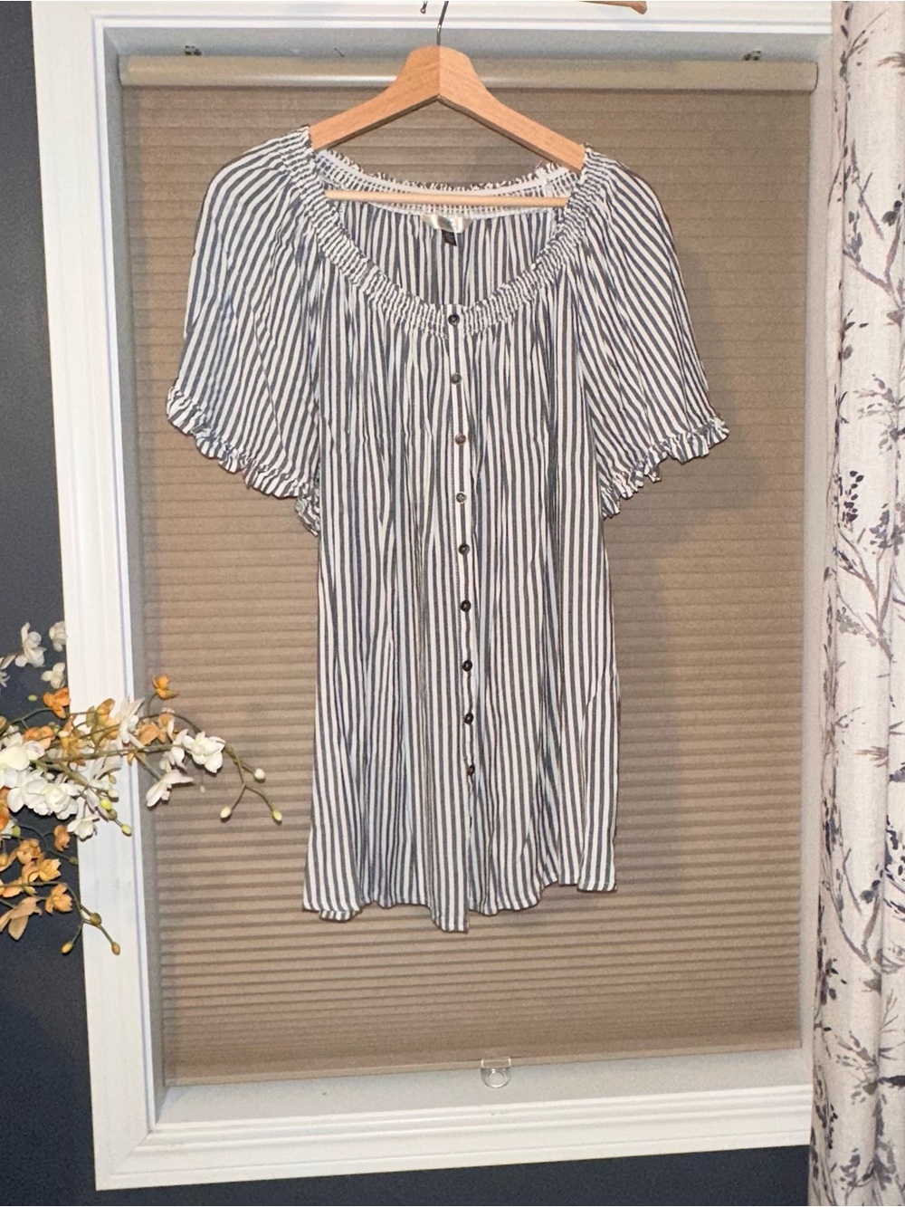 Terra & Sky Navy and White Striped Button-Front Peasant Blouse